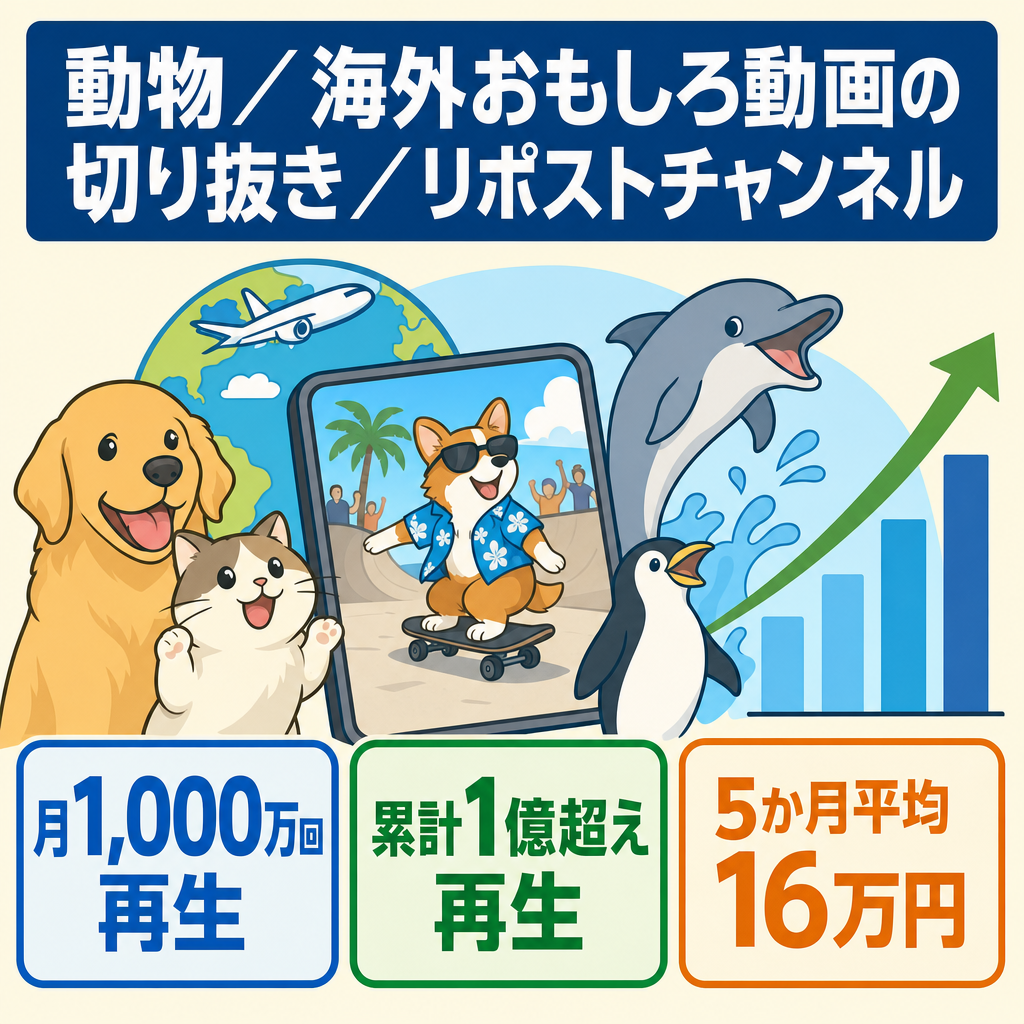 切り抜き：リポスト：最高月収約20万越え！累計1億3000万再生越え! 動物・海外おもしろ動画チャンネル！