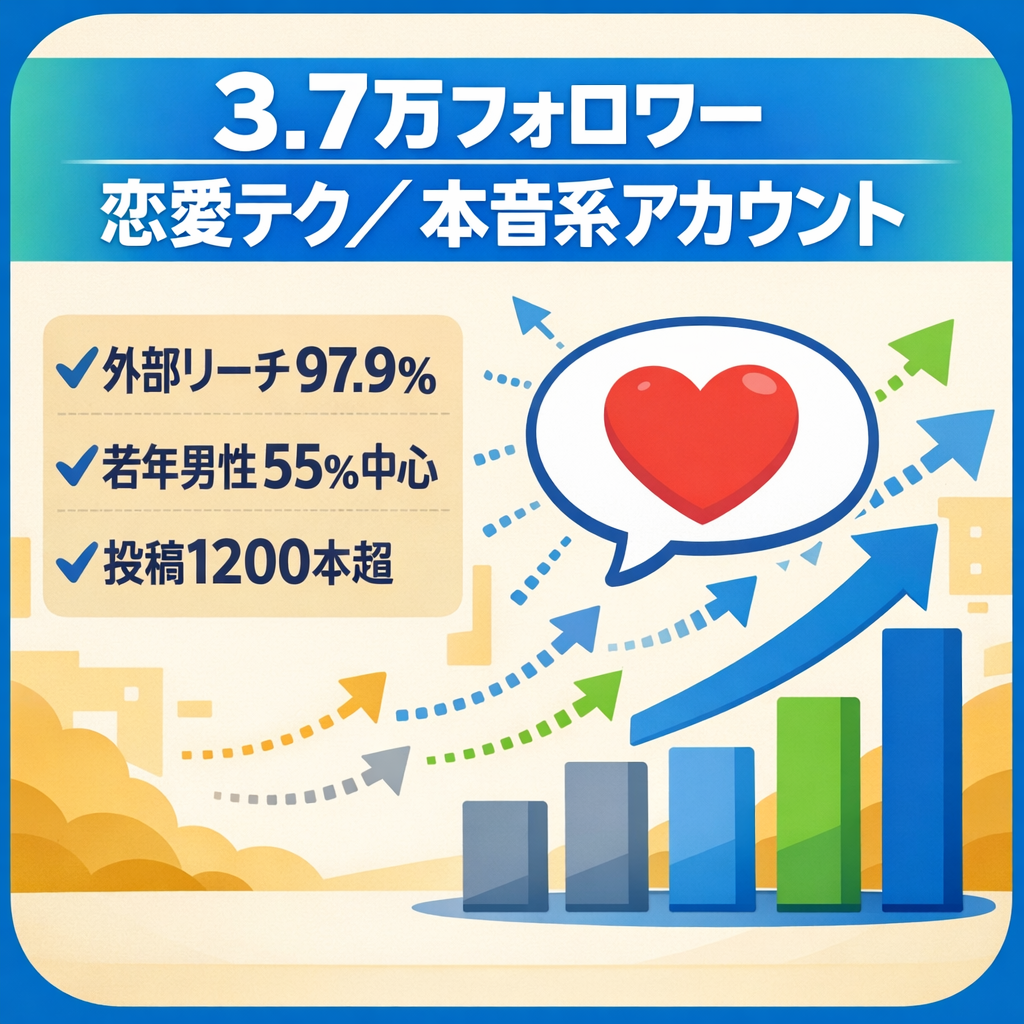 【フォロワー3.7万人】恋愛テク・本音系特化垢｜非フォロワーリーチ97%超！Z世代〜20代男性ターゲットの収益化に最適