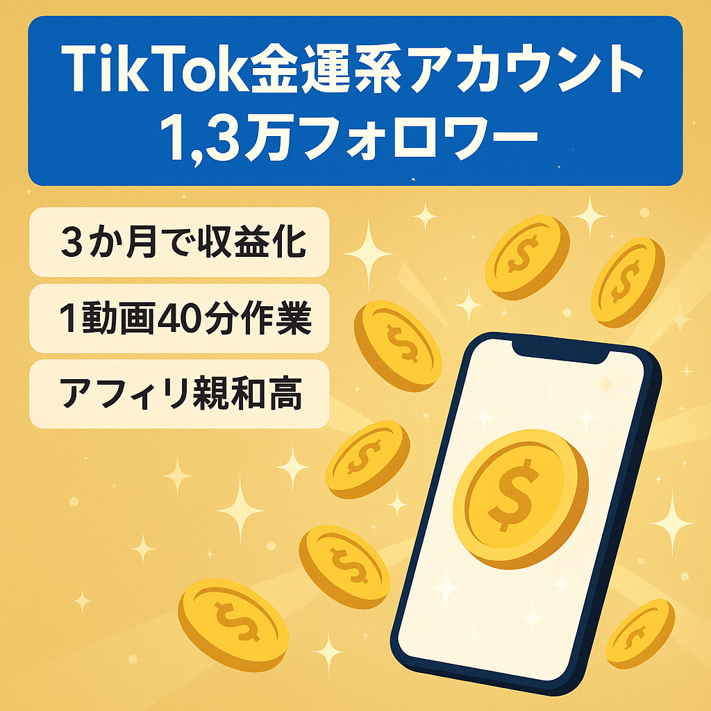 ※最終値下げ※【TikTokフォロワー1.3万以上！収益化済】金運アップ系アカウント　1動画作成30～40分（属人性なし）