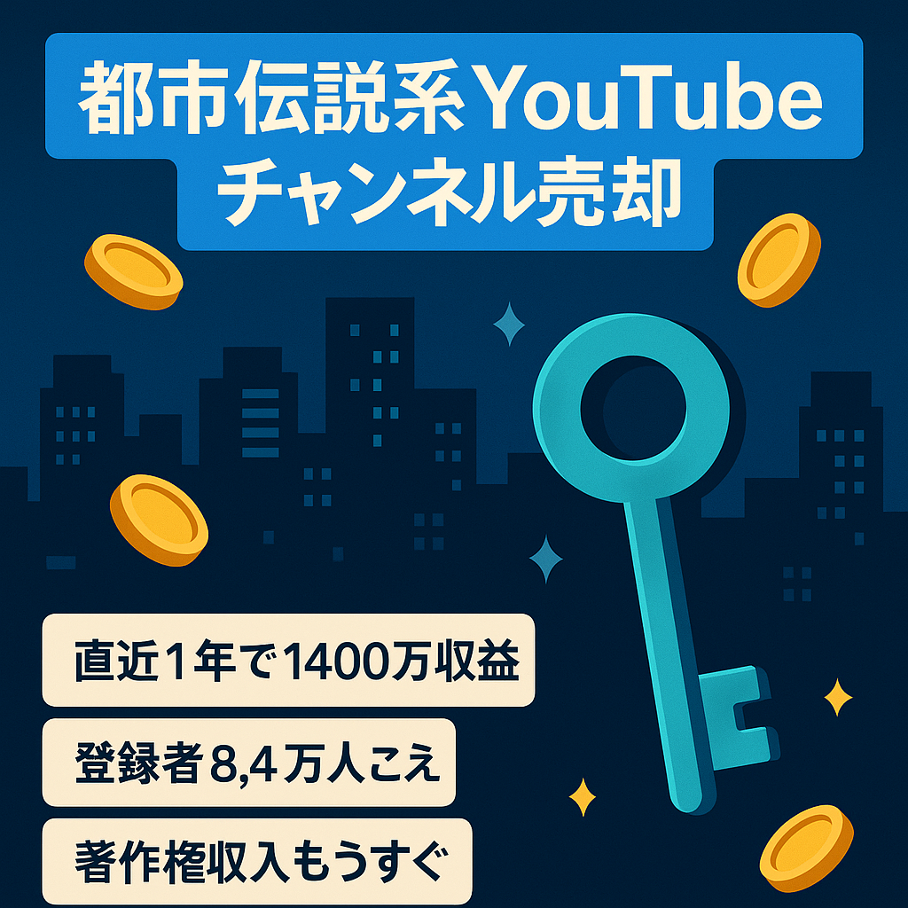 直近１年の収益額合計１４００万円超！登録者合計８万４千人超のYouTube都市伝説ミステリーチャンネル（メイン・サブ）を売却します！