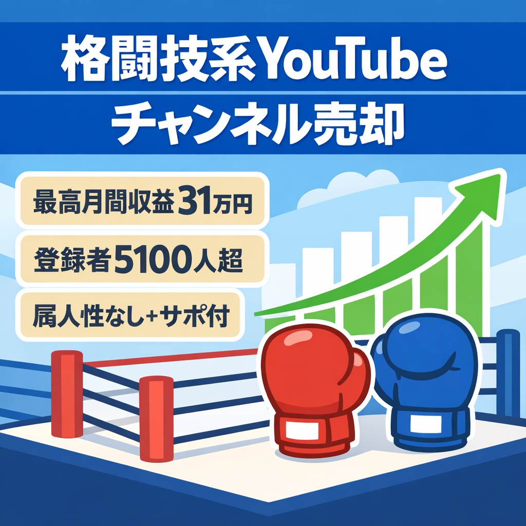 訳あり：【最高収益月31万円/登録者数5100人超】属人性なし/運用ノウハウ&サポート付き/今非常に伸びてる格闘技系YouTubeチャンネル
