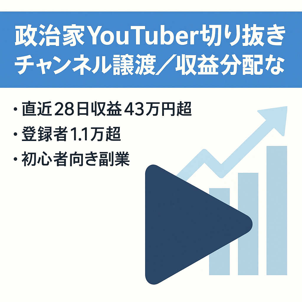 【直近28日間の収益43万円超】某政治家YouTuber切り抜きチャンネルの譲渡【登録者1.1万人超 / 収益分配なし】