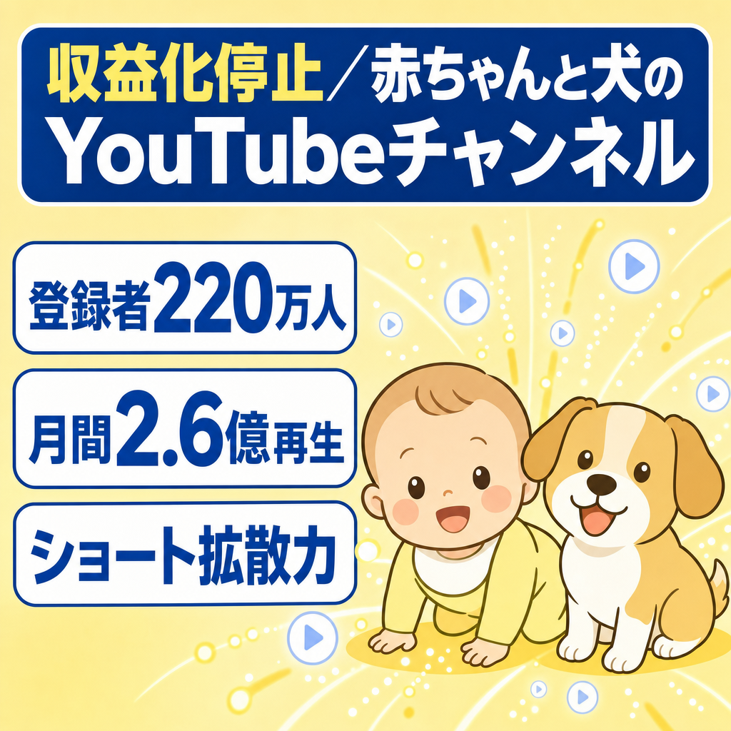 訳あり：【登録者220万人】赤ちゃんと犬のYouTubeチャンネル／48時間リアルタイム視聴600万再生・月間1億再生実績あり＊訳あり　収益化停止