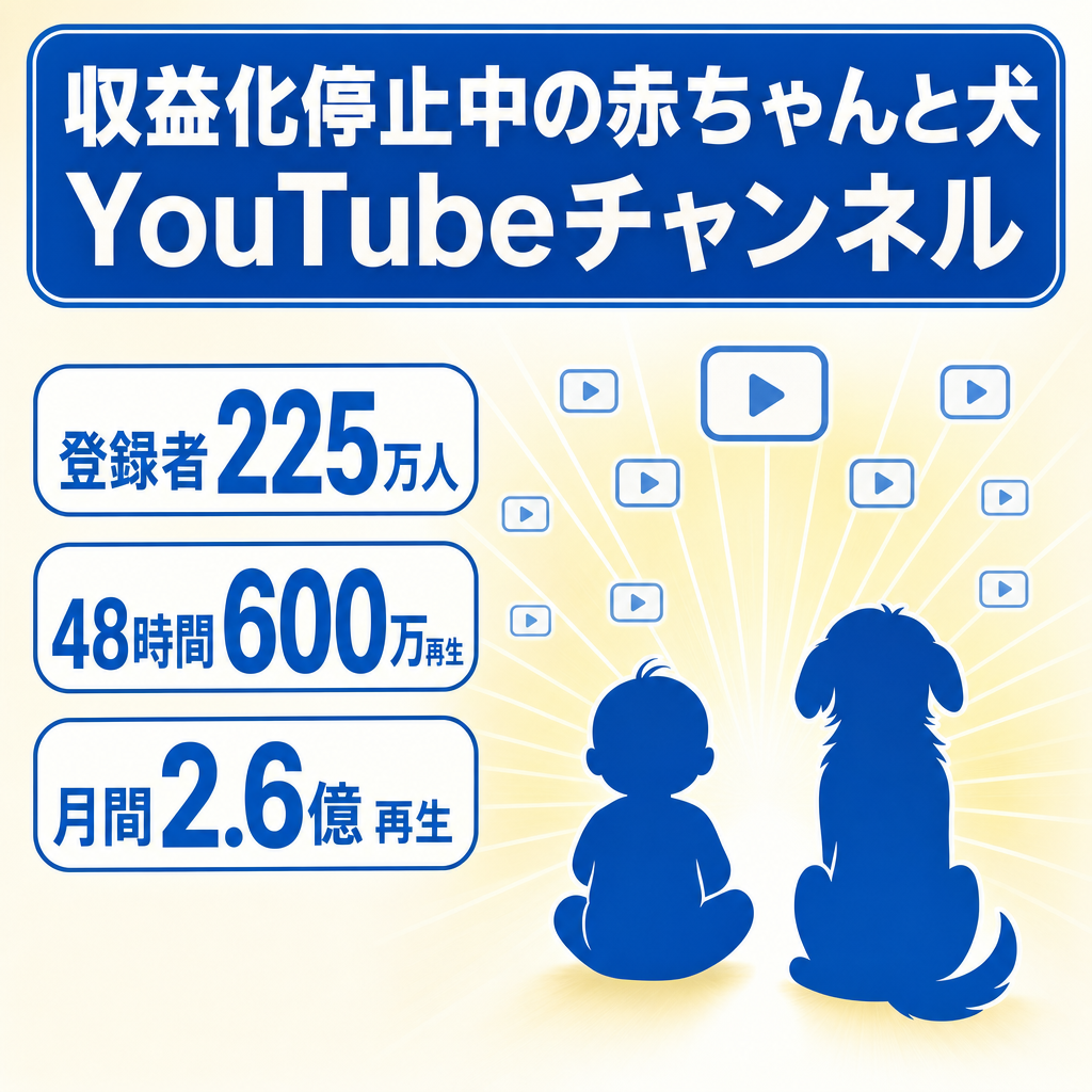 訳あり：【登録者225万人】赤ちゃんと犬のYouTubeチャンネル／48時間リアルタイム視聴600万再生・月間2.6億再生実績あり＊訳あり　収益化停止