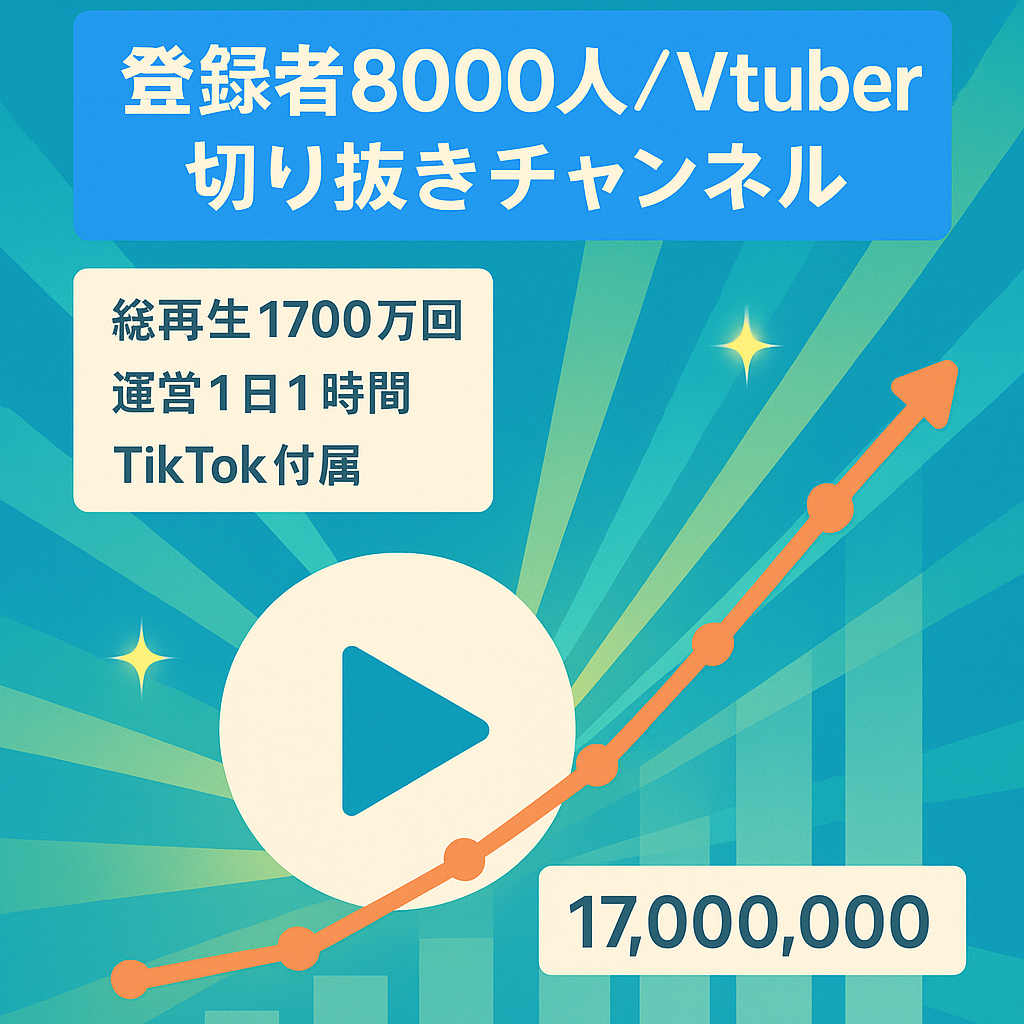 【総登録者約8000人】大手事務所の大御所Vtuber切り抜きチャンネル【総再生回数17,000,000回越え｜収益化済み｜デポジットあり、ノウハウ仕様書付き】