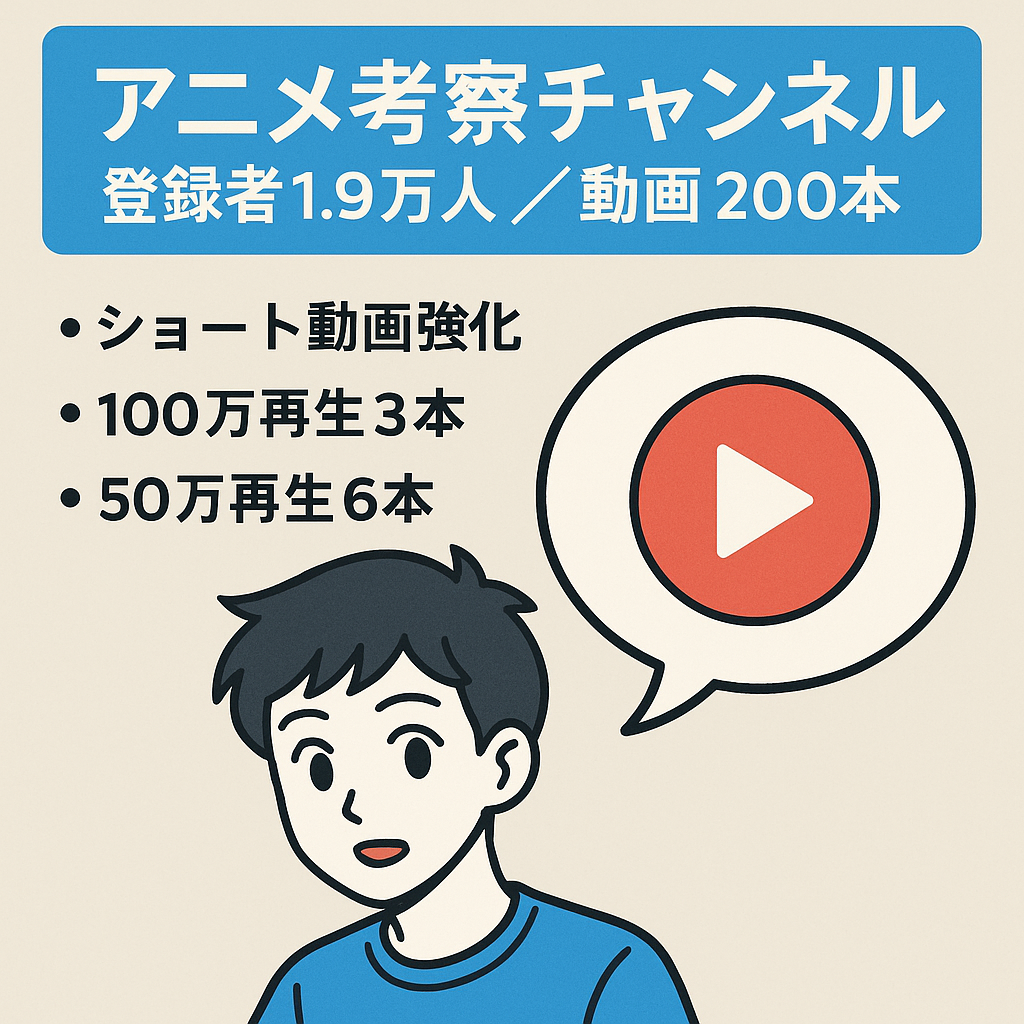 登録者1.98万人のアニメ考察チャンネル投稿数200本現在はショート動画に力を入れ運用中