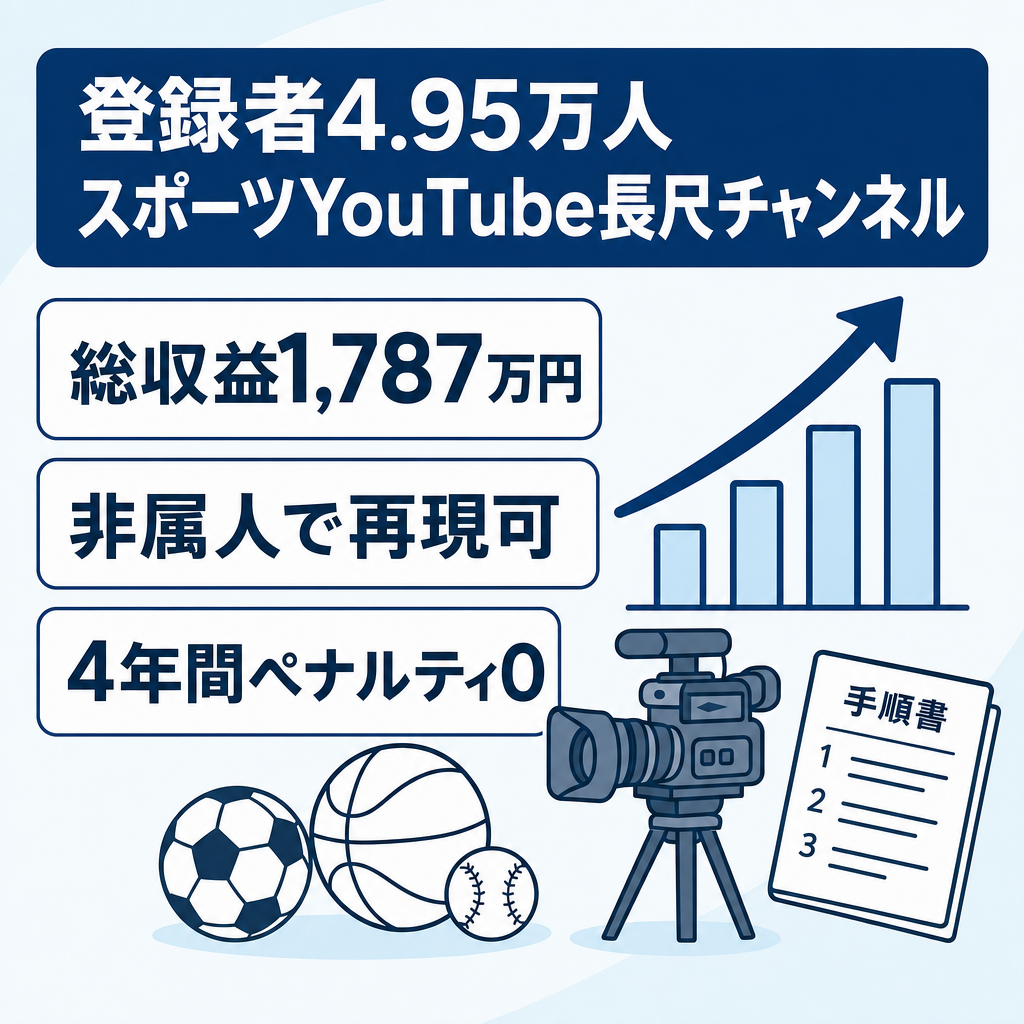 【登録者49,500人・総収益1,787万円】スポーツYouTube長尺チャンネル・4年運営・顔出し不要・運営マニュアル付
