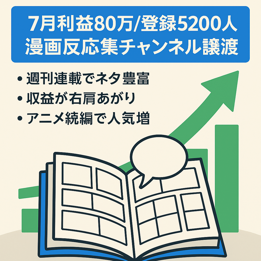 【7月利益80万円ペース・登録者5200人】某人気漫画反応集チャンネル譲渡