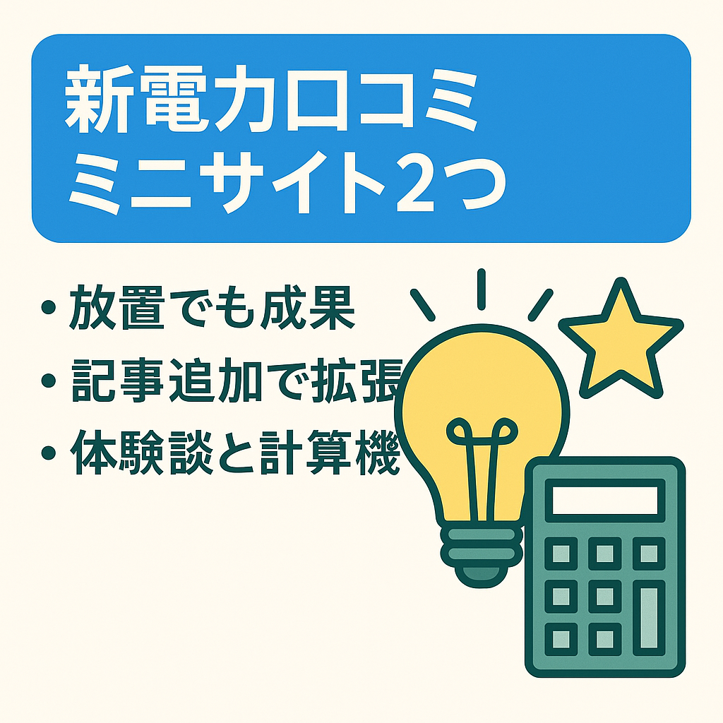 【新電力案件】口コミ、評判系KWで上位表示中のミニサイト×2（計500PV / 月）