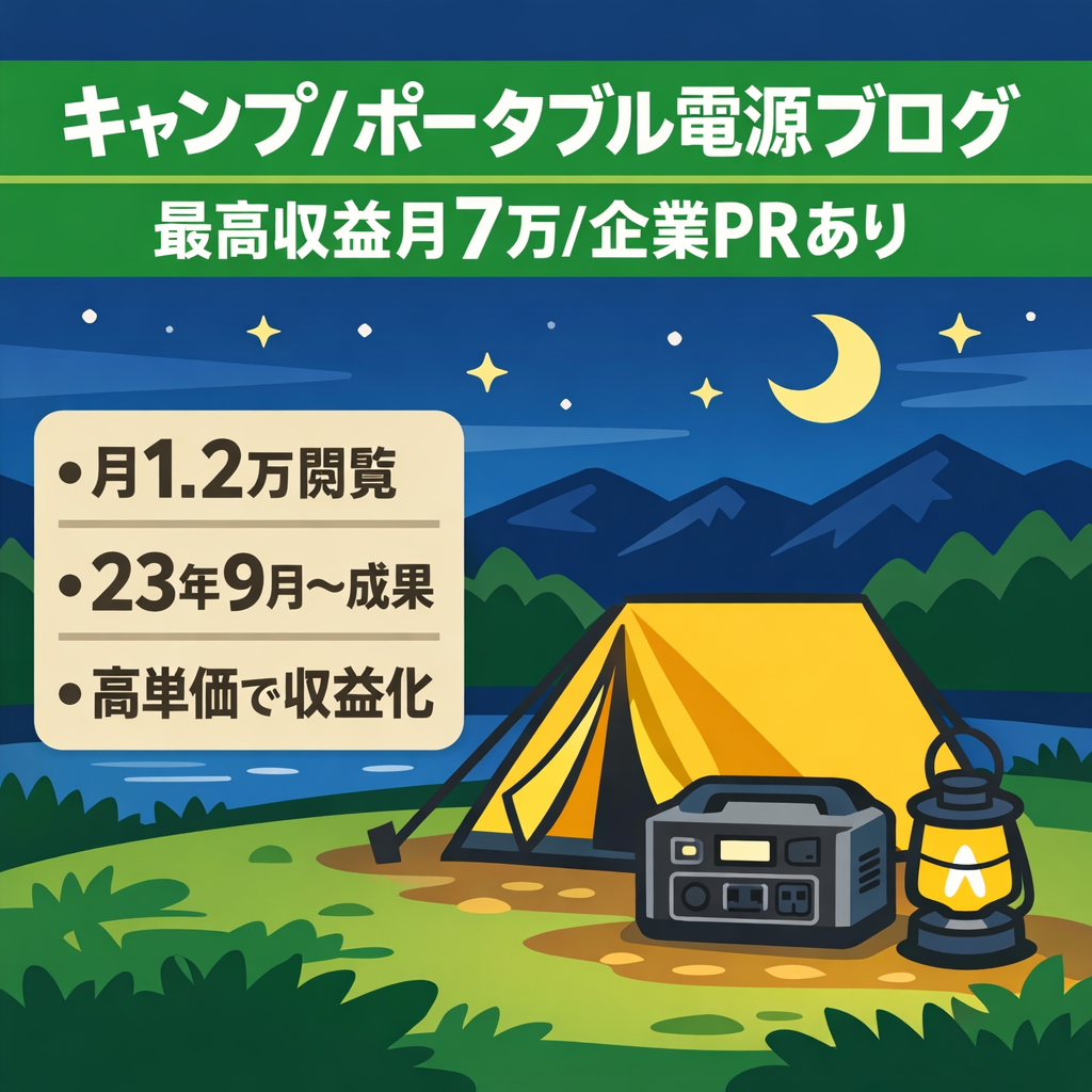【過去最高収益月７万円/12,000PV/企業PR案件あり】キャンプ、アウトドア、ポータブル電源特化ブログ