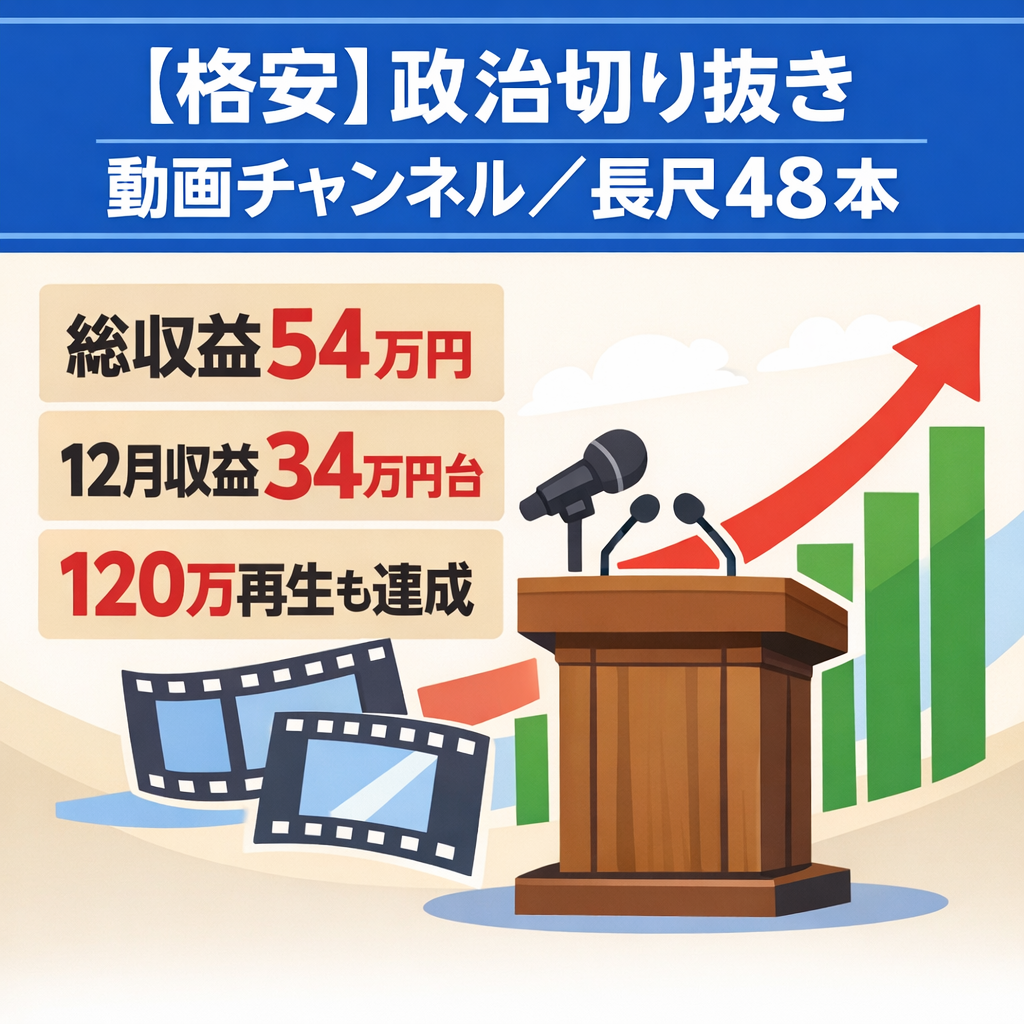【格安】総収益54万円/投稿数48本/政治切り抜きch長尺