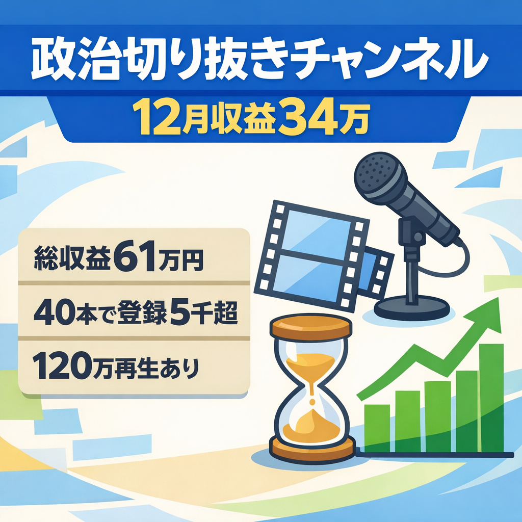 【格安】総収益61万円/12月収益34万円投稿数48本/政治切り抜きch長尺