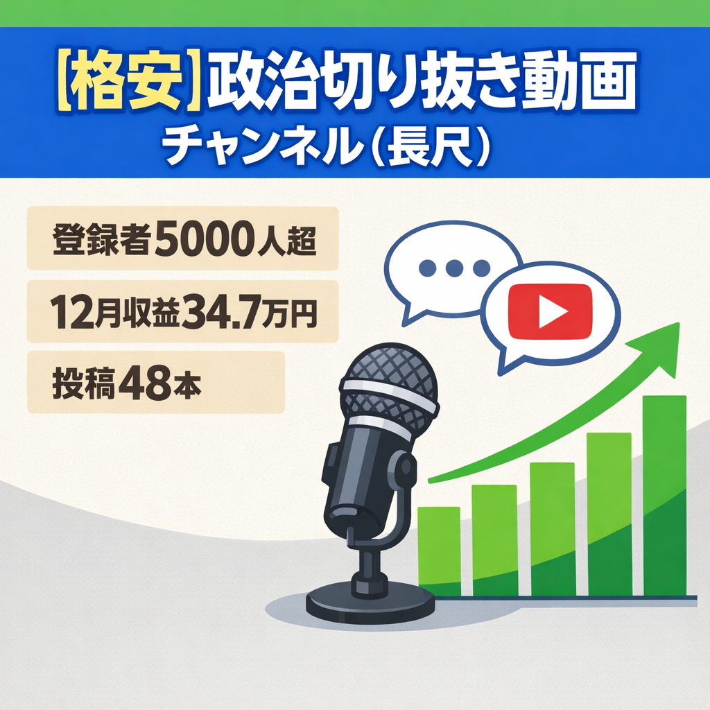 【格安】総収益81万円/平均月26万円/投稿数48本/政治切り抜きch長尺