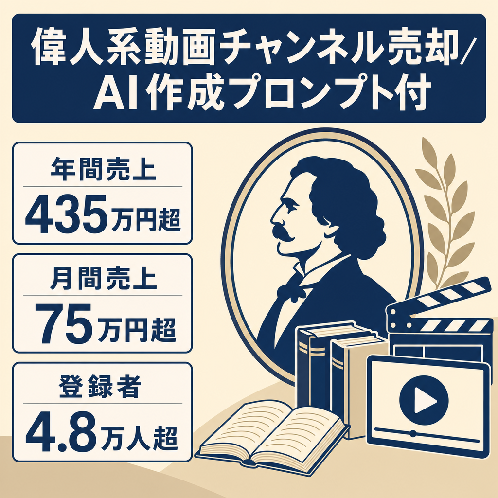 【年間売上435万円超実績】偉人系チャンネル月収20～30万円以上・最高月収７８万以上｜RPM850円以上｜登録48,000人超え！AIによる動画作成・プロンプト付