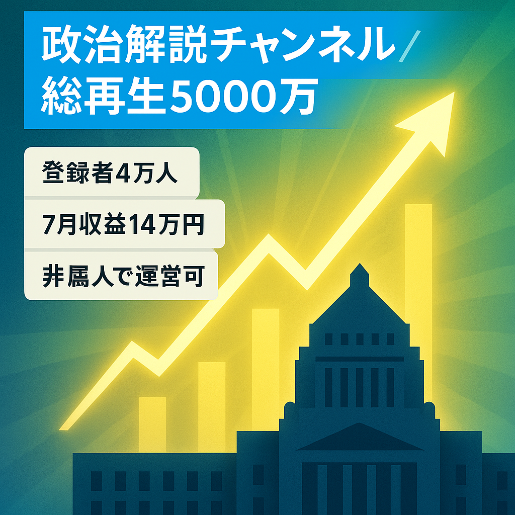 【政治系】非属人 / 7月収益14万円見込み / 政治解説ジャンル/ 総再生5000万超え／登録者4万人 / 再現性の高い人気ジャンル