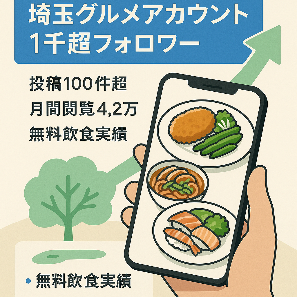 最終値下げ！、埼玉県を中心としたグルメアカウント　　フォローワー1000人以上　無料飲食案件実績あり　月刊PV4.2万人　2月より放置でフォロワー増加中！