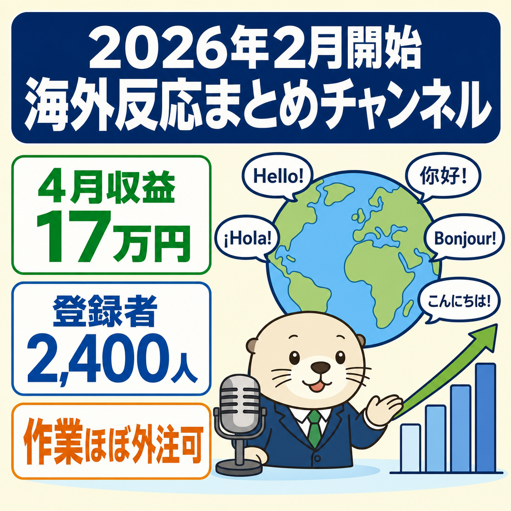 【4月収益17万円/登録者2,400人】『2026年2月に運用開始した、海外の反応をまとめて紹介するチャンネル』ほぼ全ての作業で外注が可能です