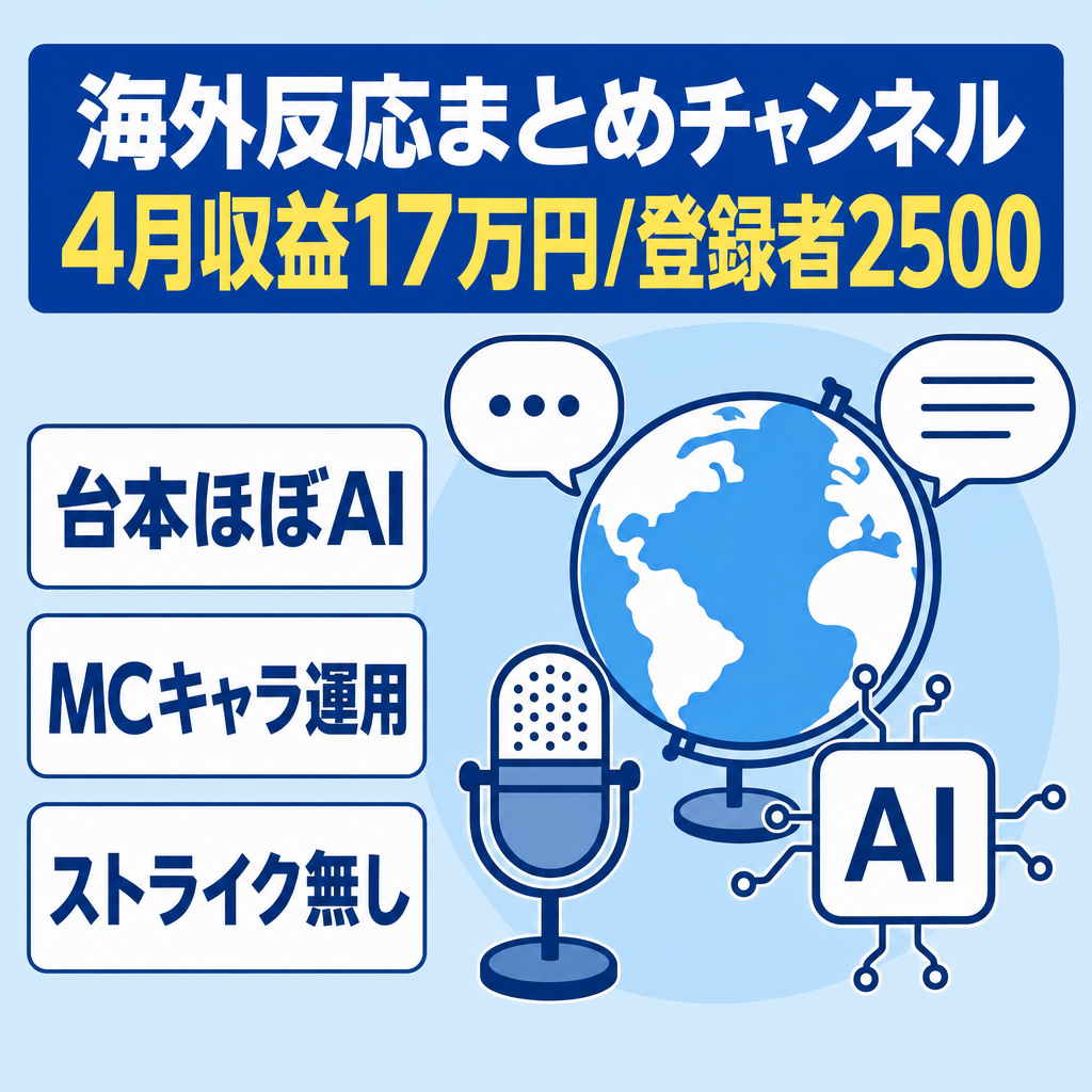 【4月収益17万円/登録者2,500人/ストライク無し】『2026年2月に運用開始した、海外の反応をまとめて紹介するチャンネル』台本はほぼAIで完結します