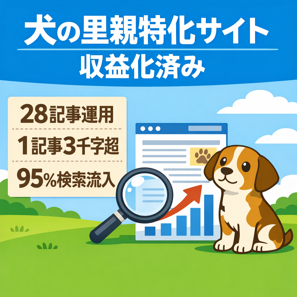 【注目度UP &利用者増！】犬の里親特化サイト！28記事で収益化済み