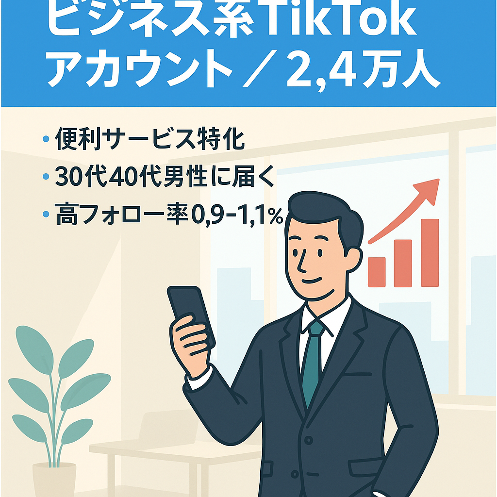【即売却可】ビジネス系でTikTok2.4万人！顔出しなし,ネタストック30本あり