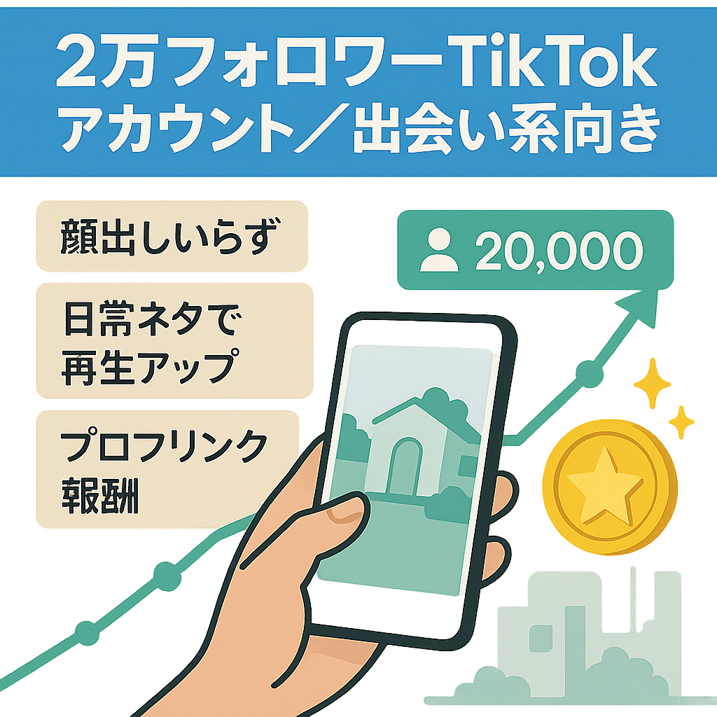 【TikTokフォロワー2万以上】出会い系アフィリエイトに最適！顔出し不要の日常生活アカウント！