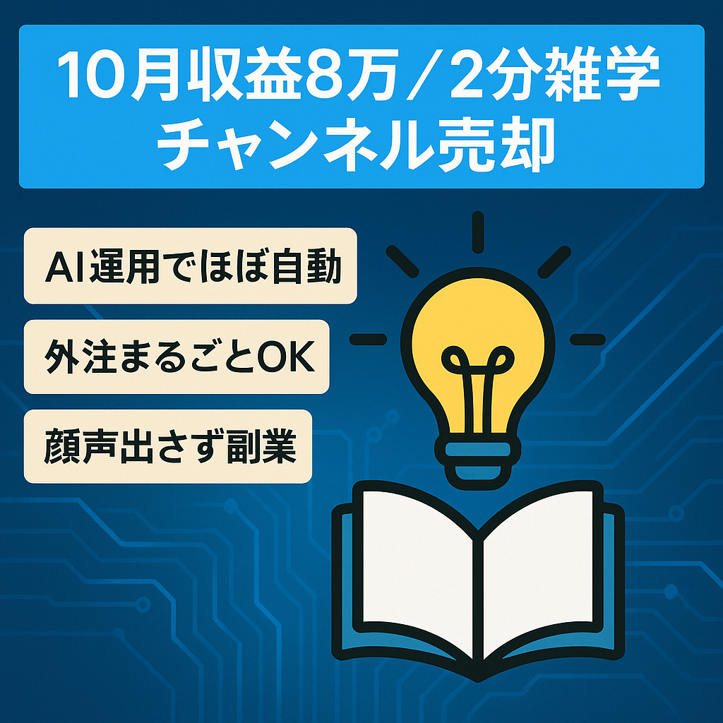 【即売却希望】10月収益8万円!!  2分前後の雑学チャンネル AI運用×非属人の中年向け雑学ジャンル