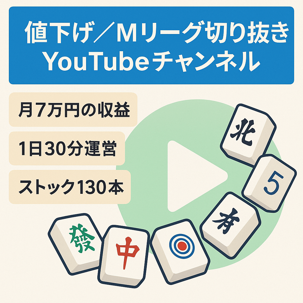 【大幅値下げ/12月末で終了】実働1日30分で月7万円の収益。Mリーグカテゴリ最大級の切り抜きチャンネル。編集済ストック130本付