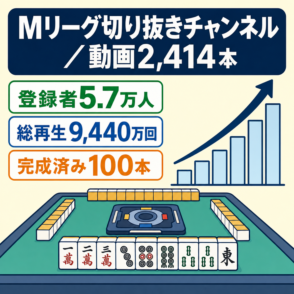 【登録5.7万人・総再生9,440万回】Mリーグ切り抜きチャンネル｜動画2,414本・完成済みストック100本