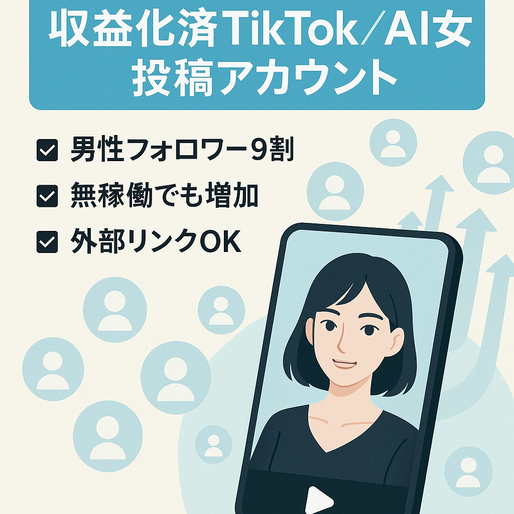 【TikTok】 収益化済　生成AI女性投稿アカウント 　30～50代男性のフォロワーが多数