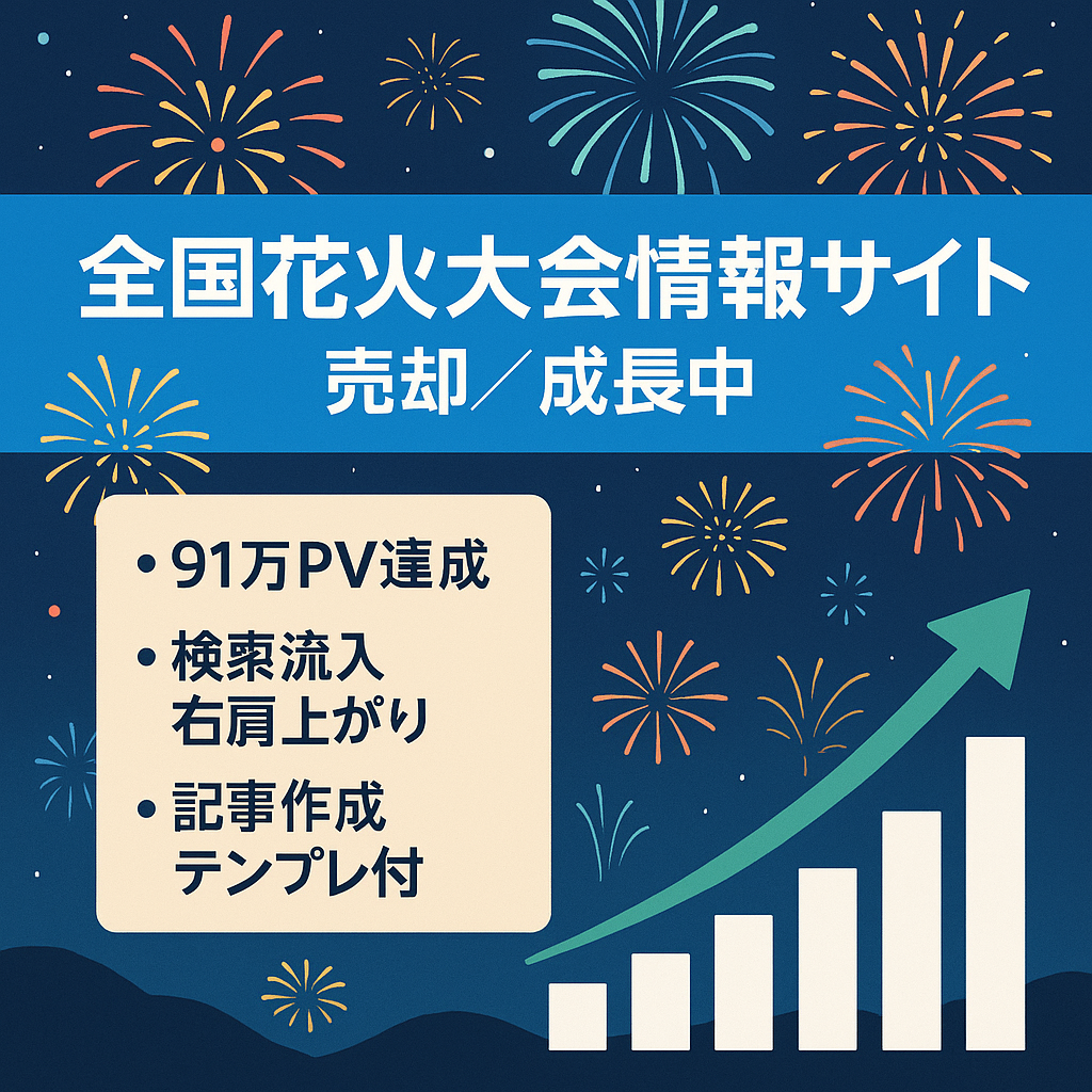 【早期売却希望の為、最終価格】超右肩上がり成長中の全国の花火大会情報特化サイト。5月は1～24日で約91万PV、44万UU達成。