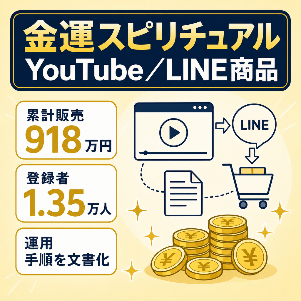 訳あり：【累計販売918万円・登録1.35万人】金運スピリチュアルYouTube2ch＋LINE＋UTAGE商品一式｜台本・サムネ・ローンチ手順まで完全マニュアル化