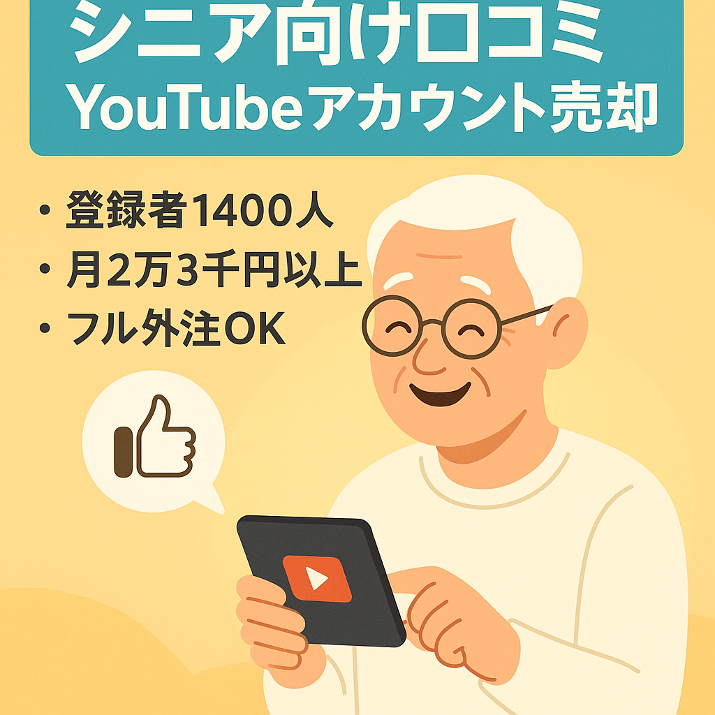 【登録者1400人以上／月2万3千円以上】【フル外注化可能の口コミチャンネル】シニア向けYouTubeアカウントのM&A案件
