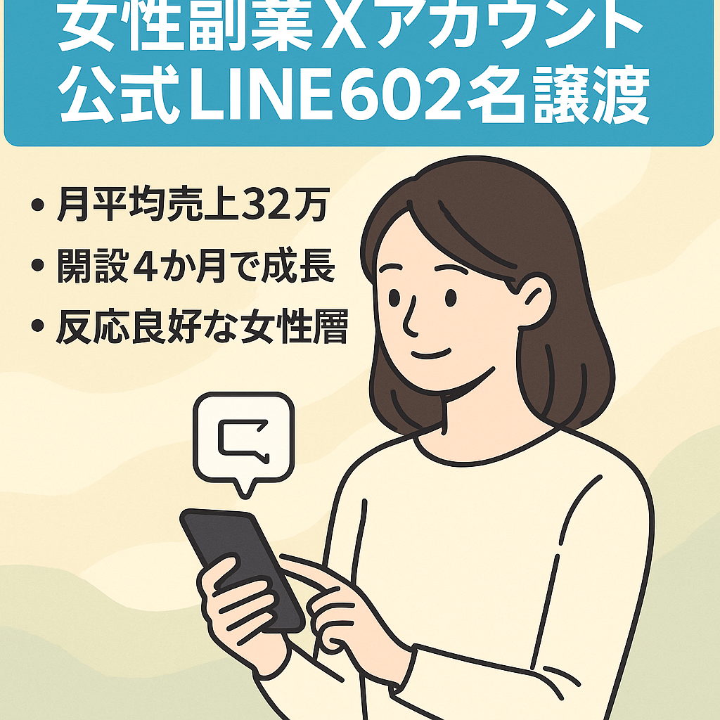 【運用開始4か月で総売上126万超え】20代～40代女性向け副業ビジネスXアカウント『ターゲットリーチ602名の公式LINE＋サブアカウントも譲渡』