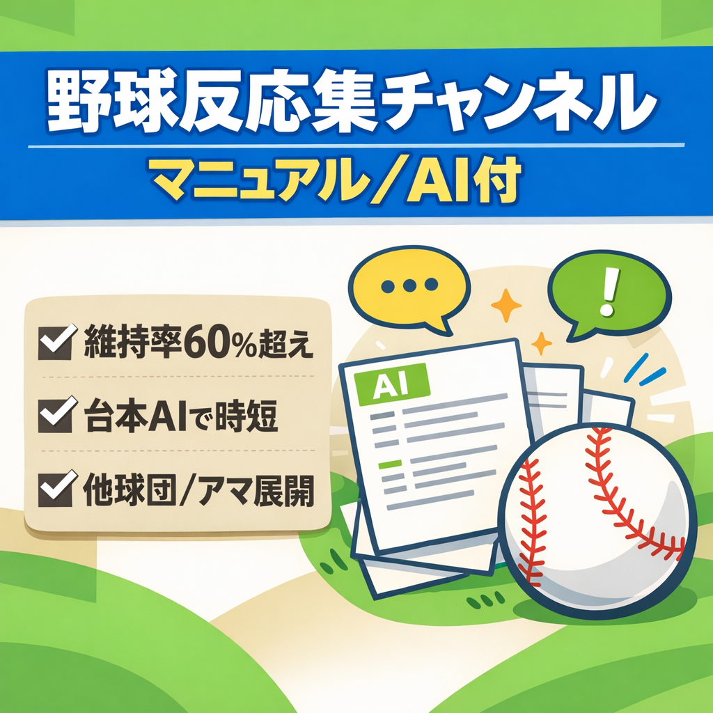【DeNA特化→全プロ野球・アマ対応可】維持率60%超の野球反応集ch 譲渡後即運営可能なマニュアル＆AIプロンプト付