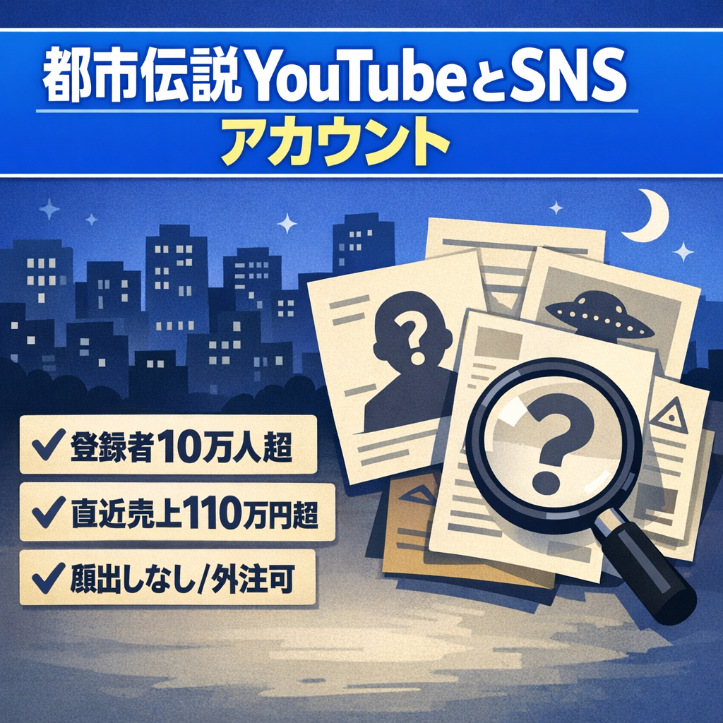★今年注目ジャンル【YouTube登録者10万超】⚫︎顔出しなし都市伝説YouTube＆SNSアカウント⚫︎高再生単価ジャンル⚫︎フル外注可能ch