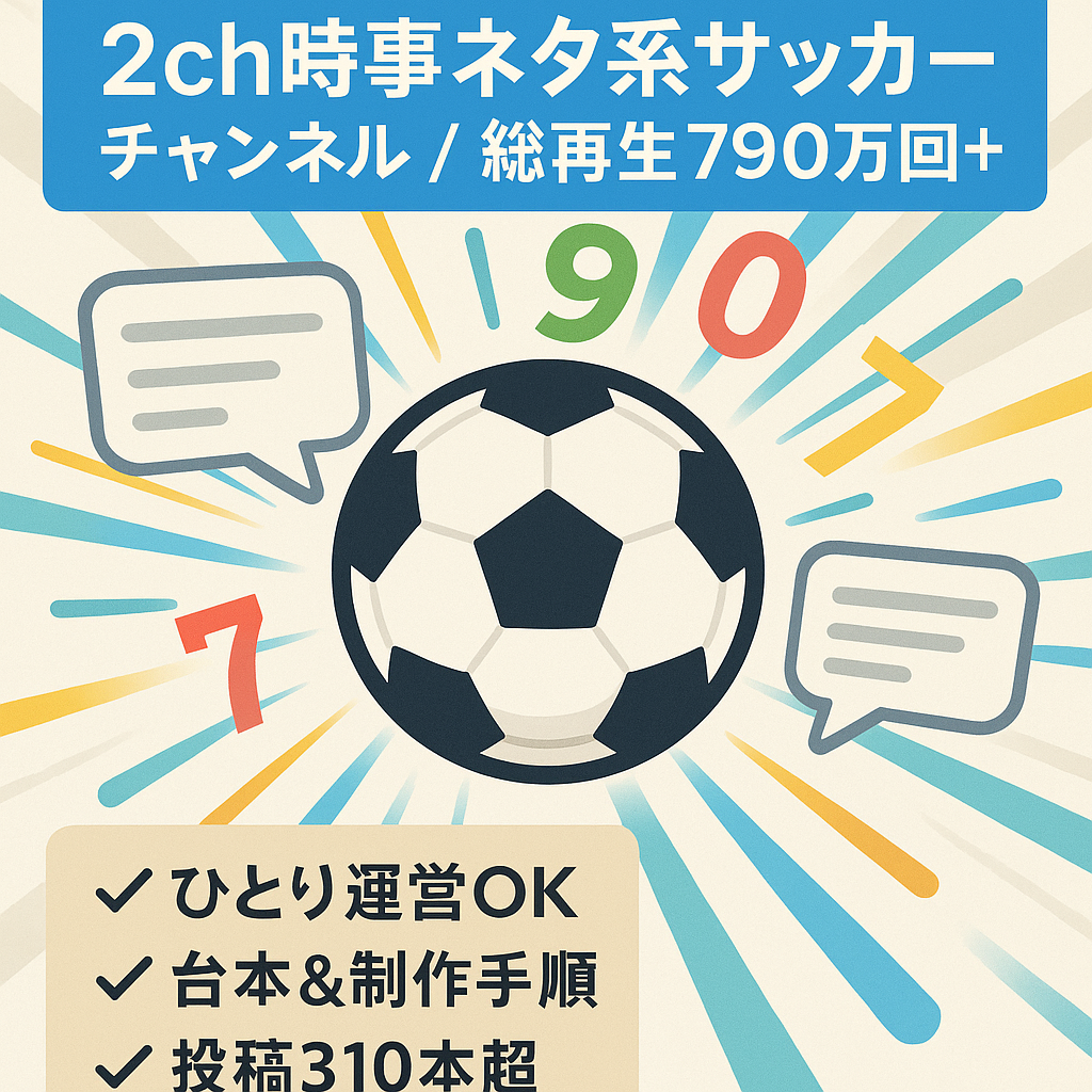 【1人でも運営可能】2ch時事ネタ系(サッカー)チャンネル・総再生回数790万回以上！