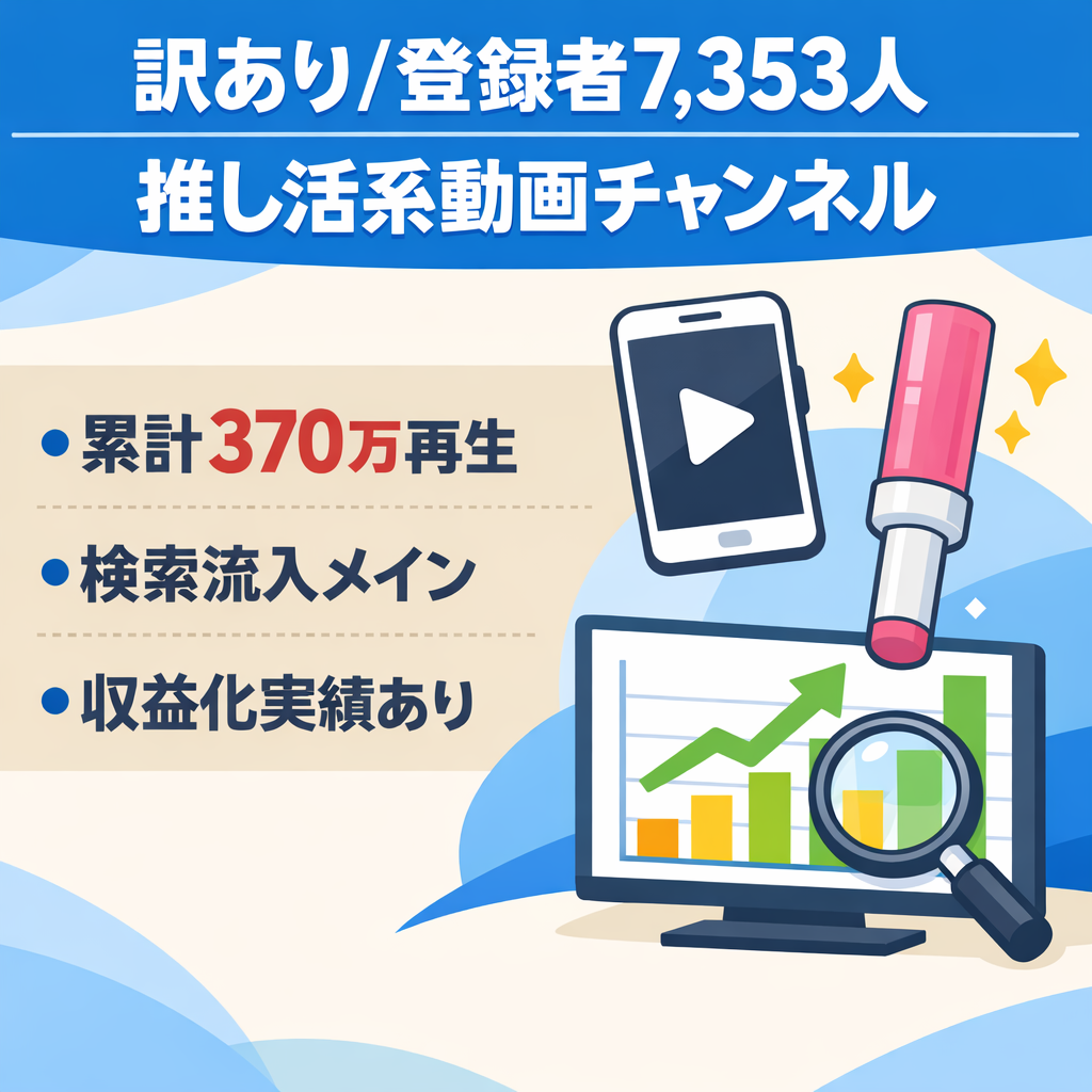 訳あり：【登録者7,353人】推し活系チャンネル | 累計370万再生 | 最高41万再生の動画あり | 検索流入メイン
