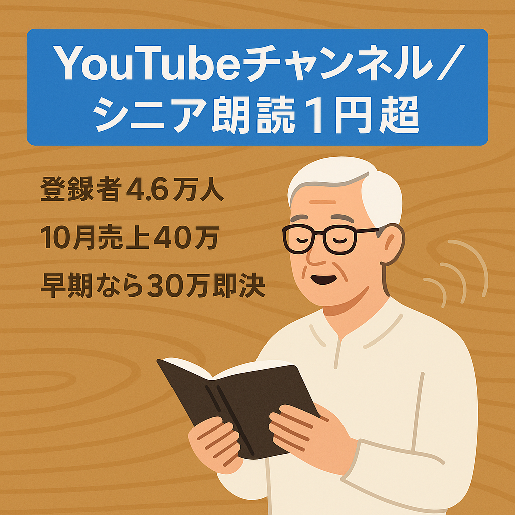 【最終値下げ】再生単価1.0円以上／登録者4.6万人／シニア向けスカっと朗読／ノウハウ無し・経験者限定／