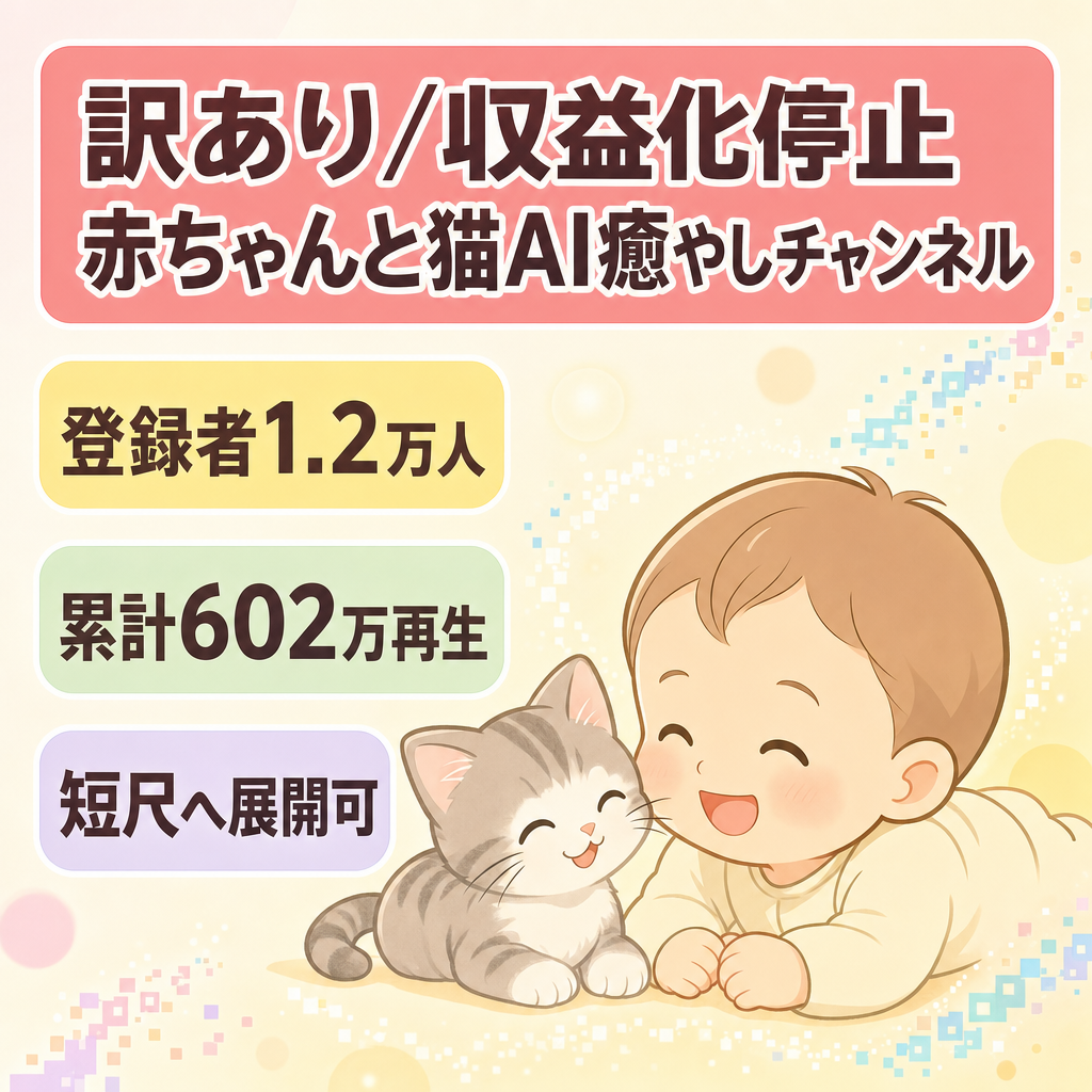 訳あり：【登録者12200人】海外向け・赤ちゃんと猫のAI癒やしチャンネル／累計602万再生実績あり ＊訳あり 収益化停止