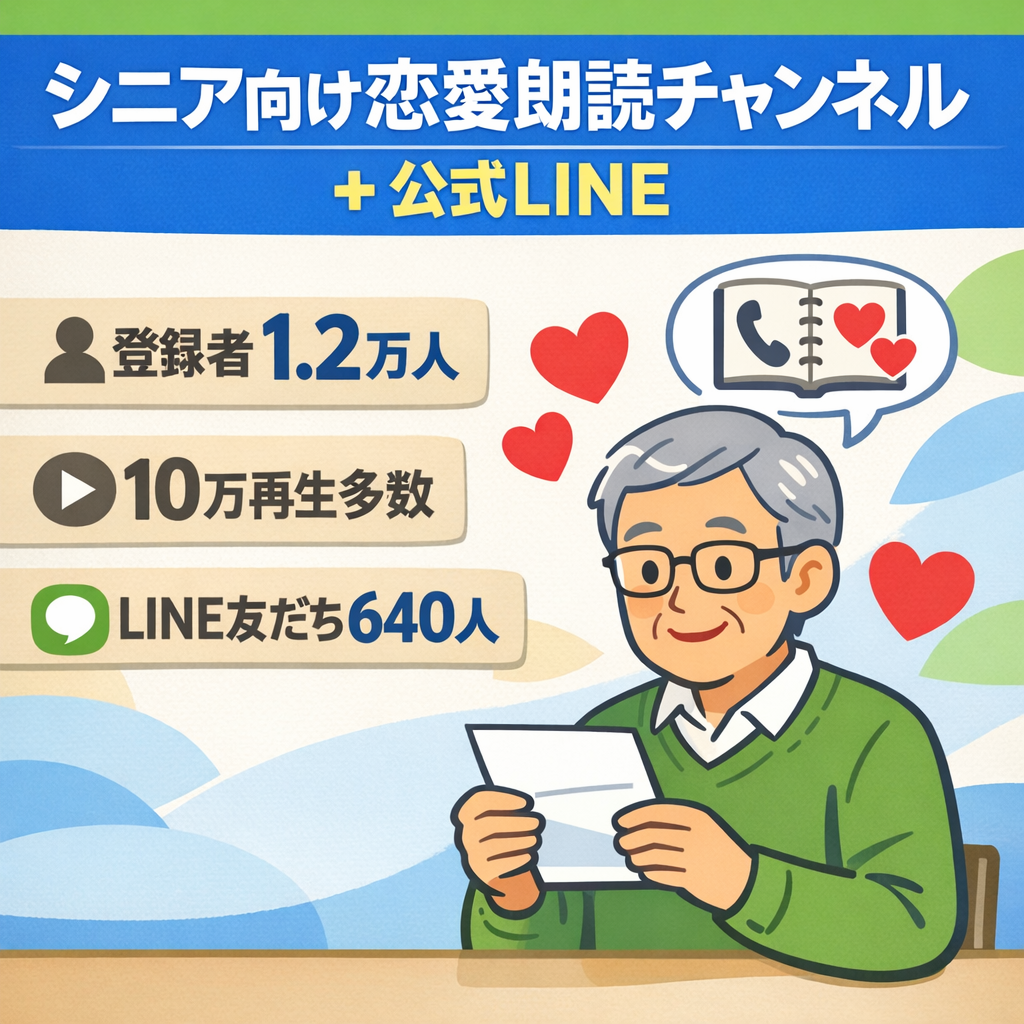 【登録者12,000人越え・値下げ交渉歓迎】累計売上80万円。不定期投稿。シニア向けラブストリーチャンネル＋公式LINE640人