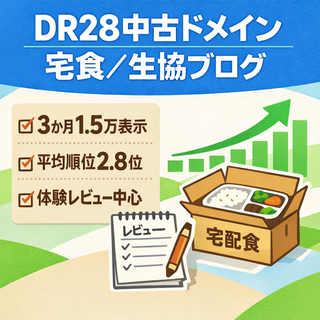【DR28中古ドメイン】平均掲載順位2.8位・表示回数1.5万回超！宅食・生協特化のアフィリエイトブログ