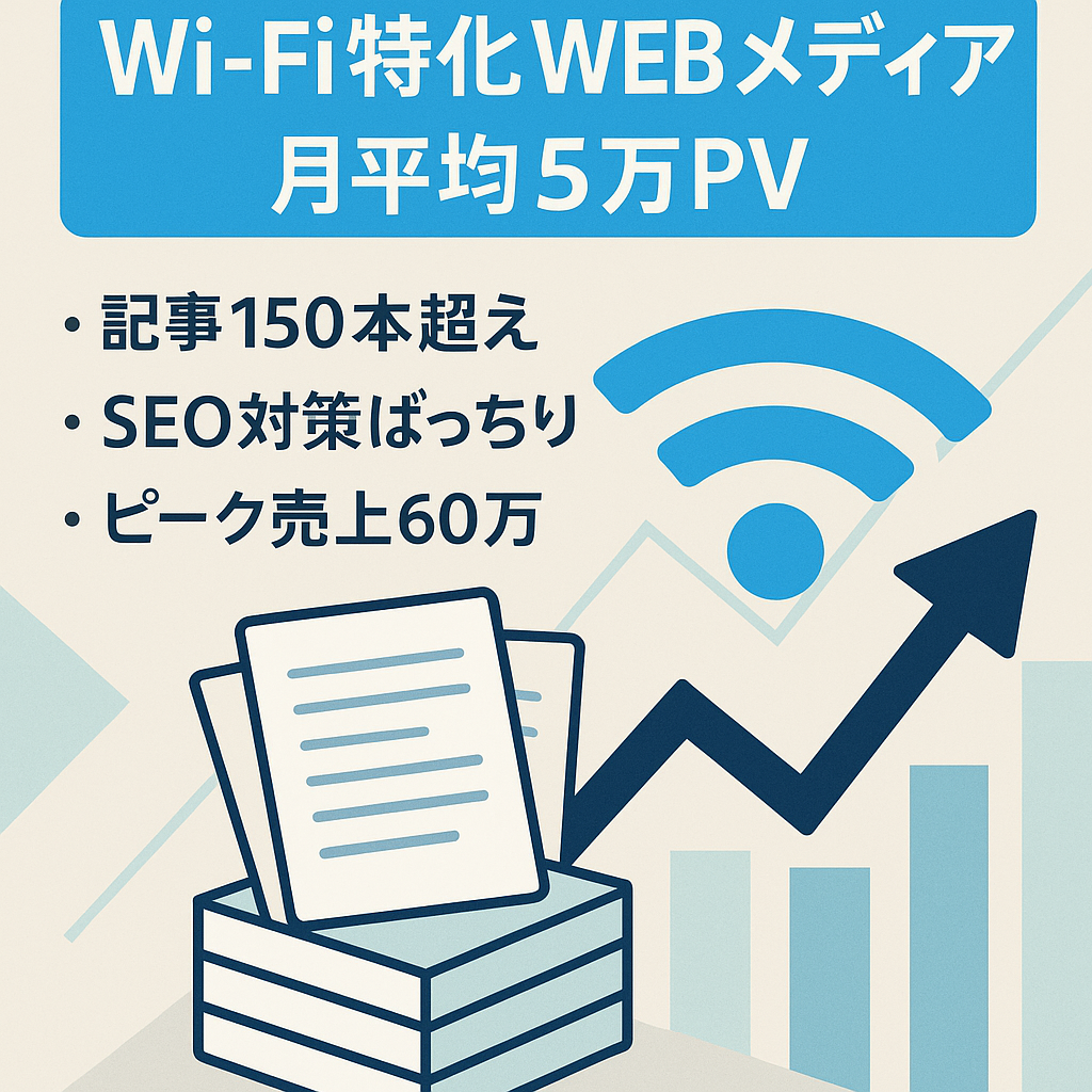 【月間平均5万PV】Wi-Fi関連のWEBメディア！ピーク時は売上60万以上の売上実績があります。