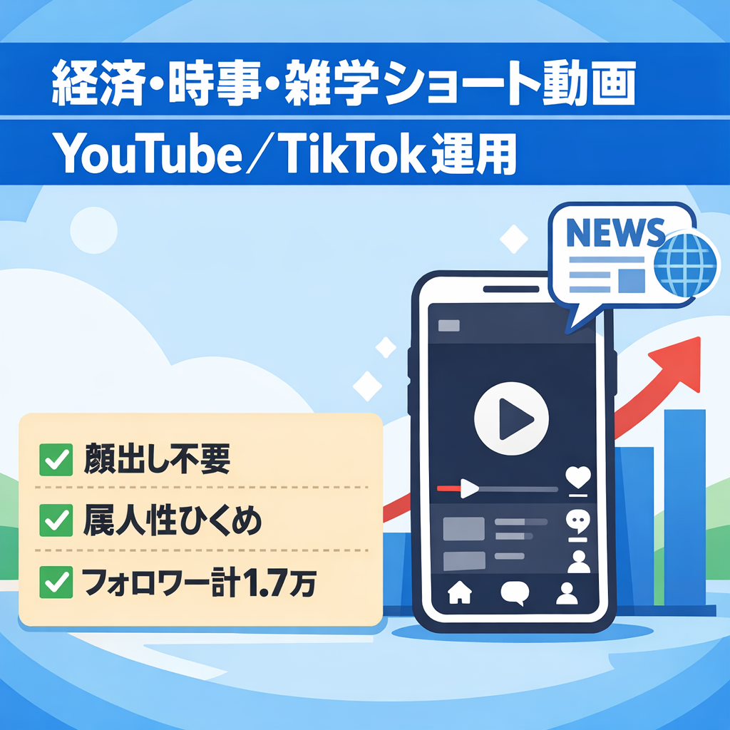【顔出し不要】経済・時事・雑学系ショート動画運用セット｜YouTube3700人・TikTok1.3万人｜過去実績：YouTube最高149万再生／TikTok最高175万再生