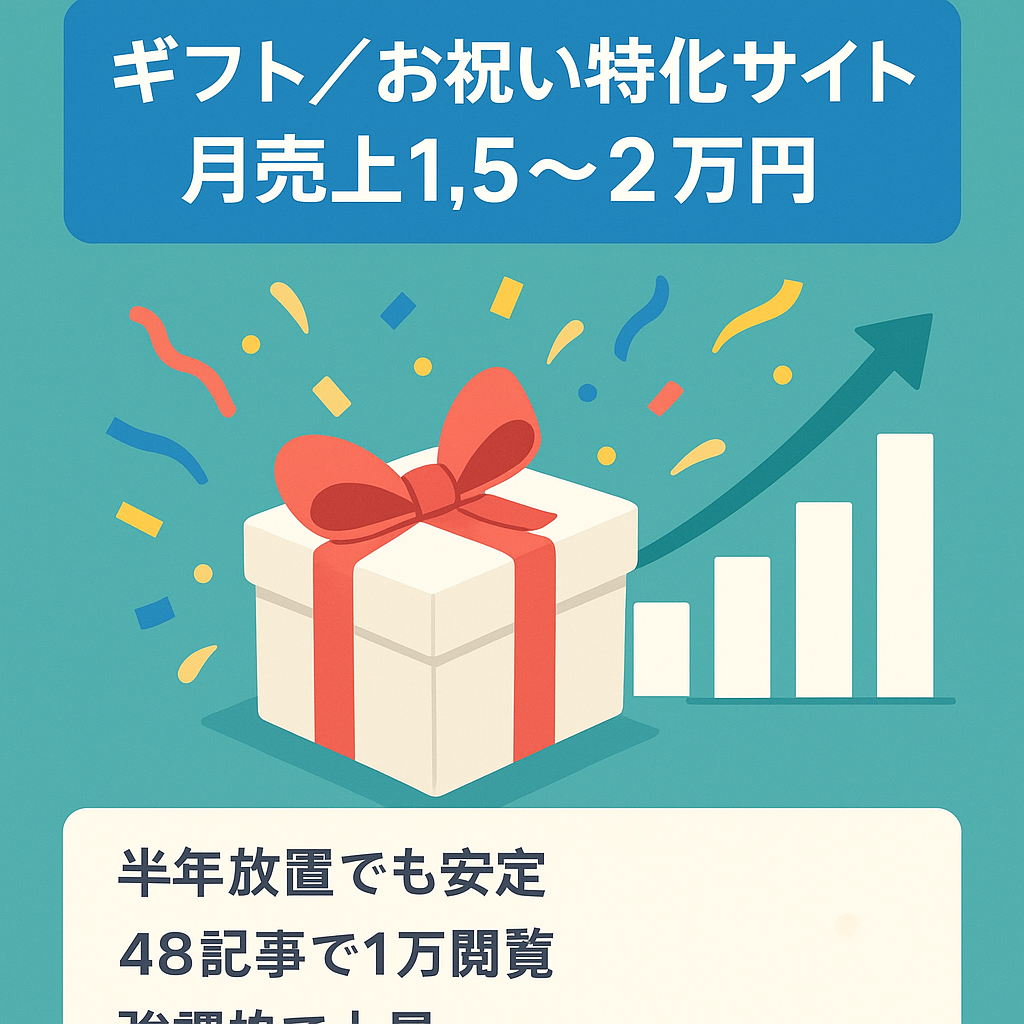 48記事で約1万PV！放置でも月15,000〜20,000円前後の収益！珍しいギフト・お祝いに特化したサイト