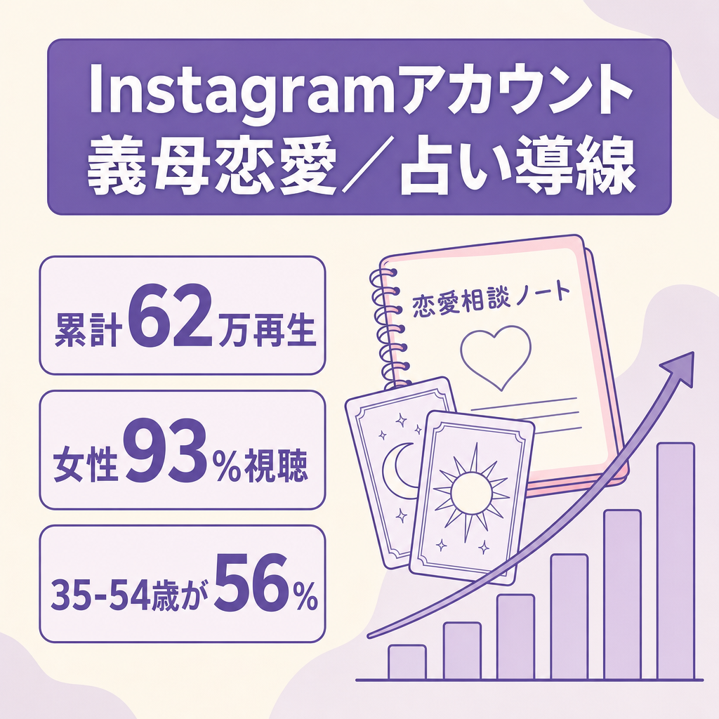 【累計62万再生の実績あり・リーチ前月比+15%成長中】義母・禁断の恋特化Instagram｜女性層93%・25〜54歳日本人特化・占い導線付き