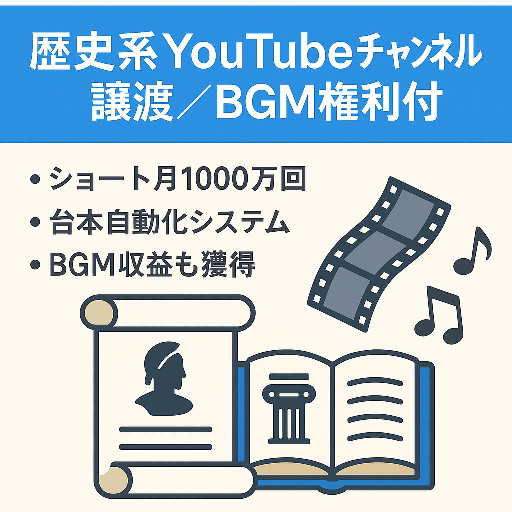 【制作マニュアル・自社BGM権利付】顔出し不要！歴史系YouTubeチャンネル譲渡《ショート・ロング動画対応》