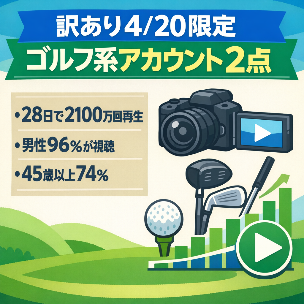 【訳あり】20%大幅値下げ・4/20決済限定！ゴルフ系YouTube（登録者1万人）とInstagramのセット