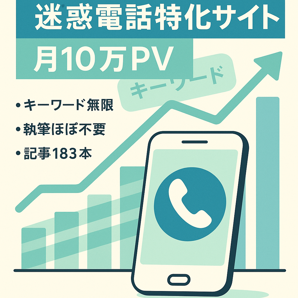 【無限KW出現・執筆ほぼなし・月間10万PV】迷惑電話の特化サイト【属人なし・183記事】