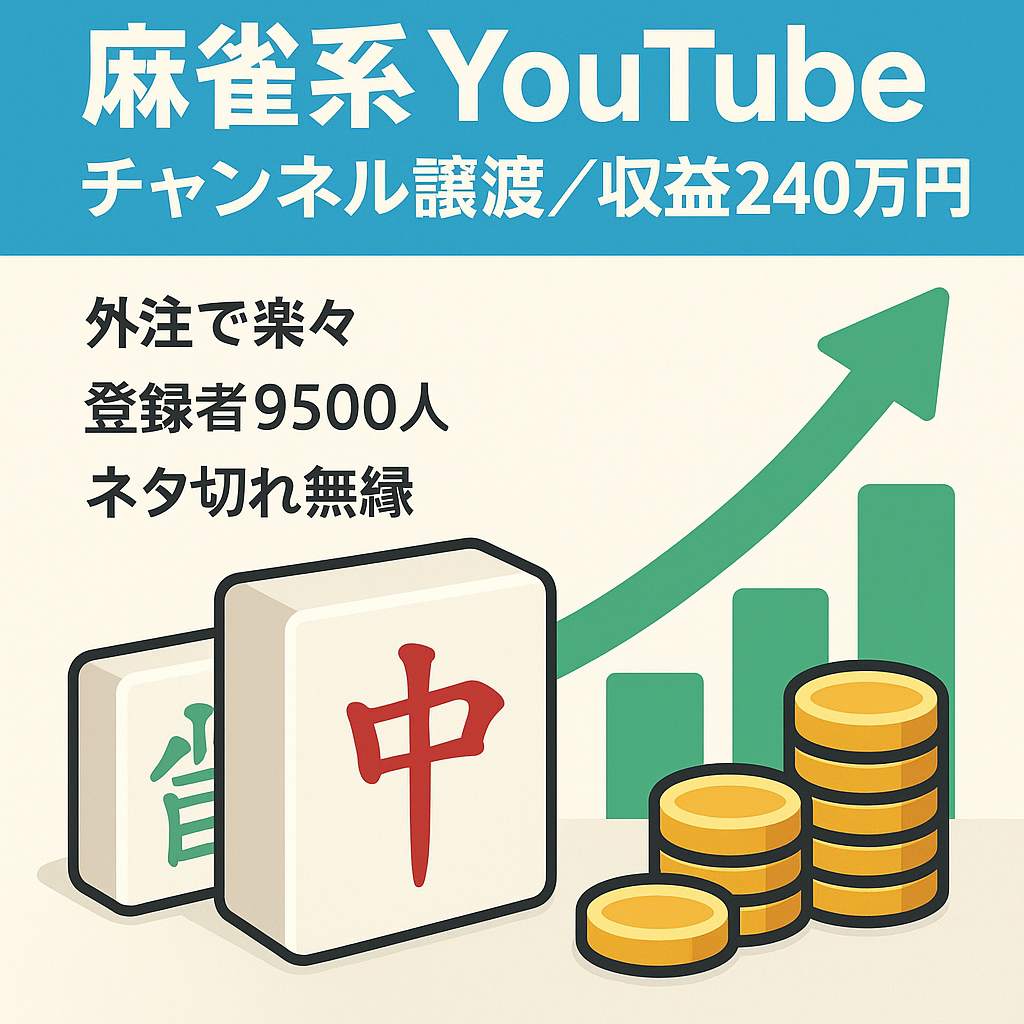 【総収益240万円／登録者9500人】話題沸騰の麻雀系YouTubeチャンネル譲渡！完全外注運用も可能