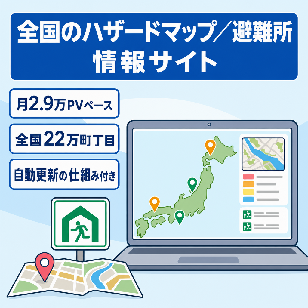 【公開3週間で月2.9万PVペース・22万町丁目】全国のハザードマップ・避難所・地域の安全情報DBサイト｜自動更新の仕組みごと譲渡・資産ベース価格